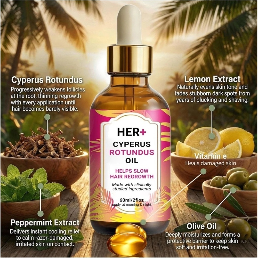 Her+ Cyperus Rotundus Oil for Hair Removal, 60ml New (2 bottles of 30ml)